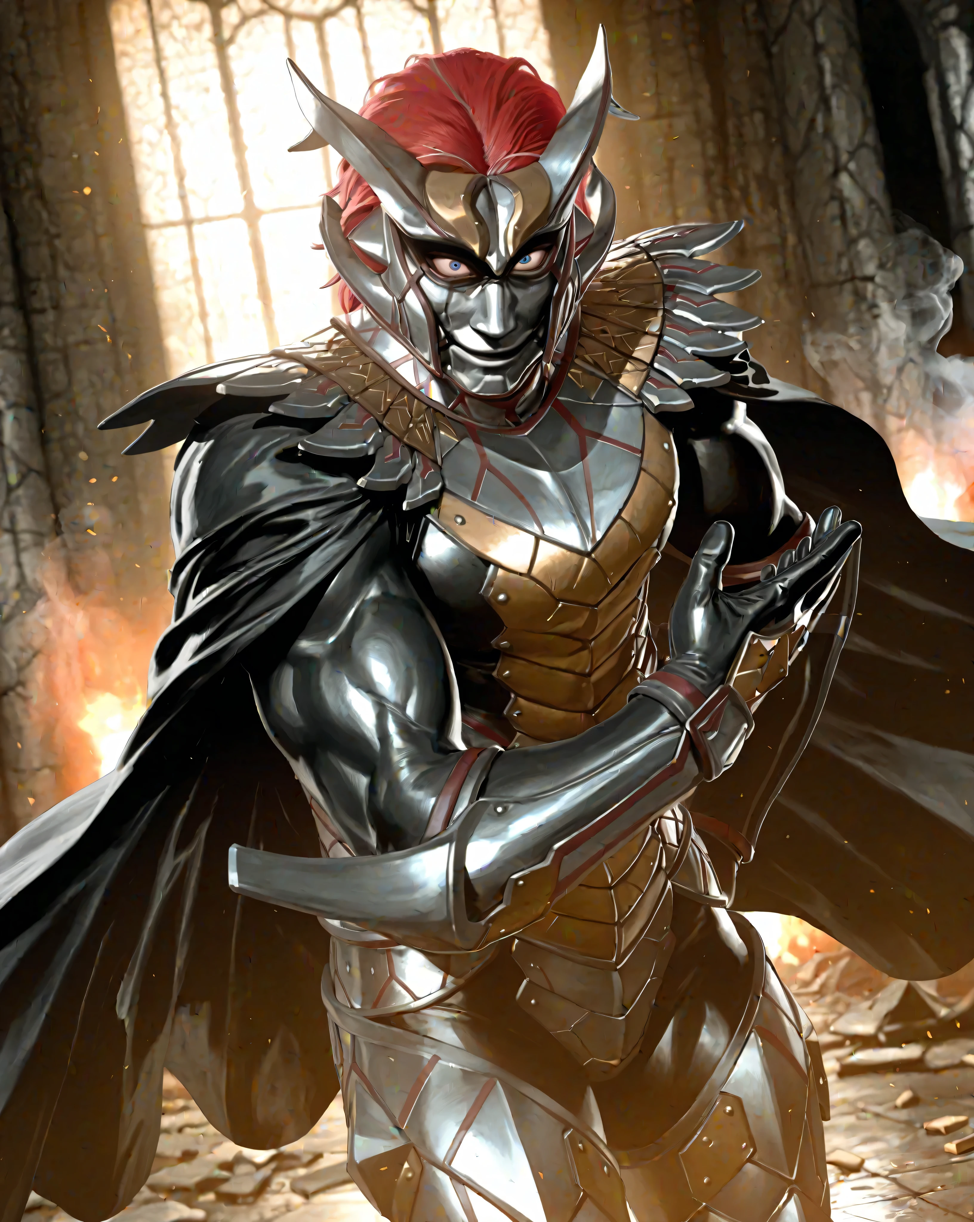 (Sinuku), furry male, (armor, muscular male, manly, masculine, mature, muscular, defined muscles, bara, detailed armor), silver face, shiny skin, (pitch black body:1.2), blue eyes, red hair, black cape, five black fingers, villain, Arm guard, detailed armor, (evil smile:1.2), BREAK, butler bowing, (steam), (dutch angle), (blurry background), dynamic lighting, rim lighting, cowboy shot, floating cape, BREAK, masterpiece, best quality, official art, detailed, 4K, 8K, realistic, game cg, ultra-detailed, beautiful detailed eyes, very aesthetic, IllusP0s, nsfw, (solo),