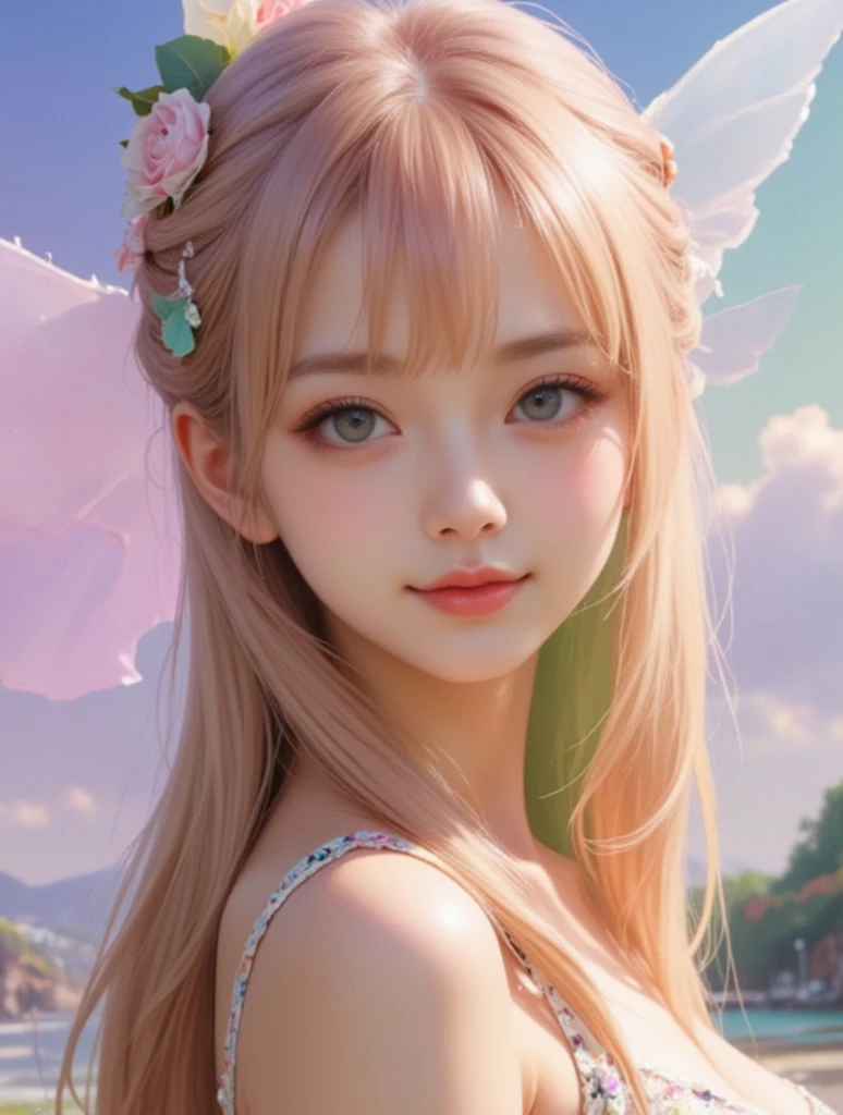 Flower Field,Use magic,heaven,Flower crown,Girl,10 years old,Fairy,花のFairy,Lolita,Smile,Short sleeve,race,Lens flare,magical energy,healing,Sparkly Background,noon,summer,Light of the sun,Light background,Light blue sky,cute,Princess,clear,happiness,Angel Wings,Fairyの羽,Silky shiny hair,Glossy Skin,Long Hair,Fairyland,Soft light,,dream,hope,Pop Art,pastel colour,Big Rainbow,Sparkling Eyes,fine,Non-Adult,High resolution,light peach-colored hair,Wavy Hair,Thin eyebrows,butterflyの羽,butterfly々
