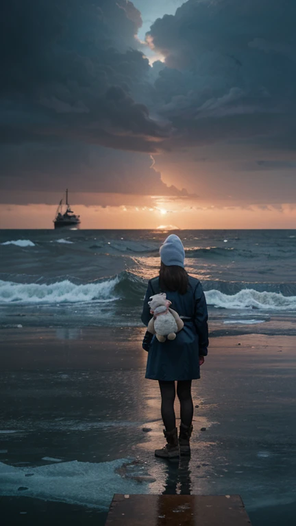 Cinematic photography, focused focus showing the atmosphere on the deck of a cruise ship at sunset, you can see a 3 years old Asian girl with short pony hair wearing pink flannel shirt, standing on his back on the ship's railing with his back to the ocean, quiet atmosphere, smiling at the camera