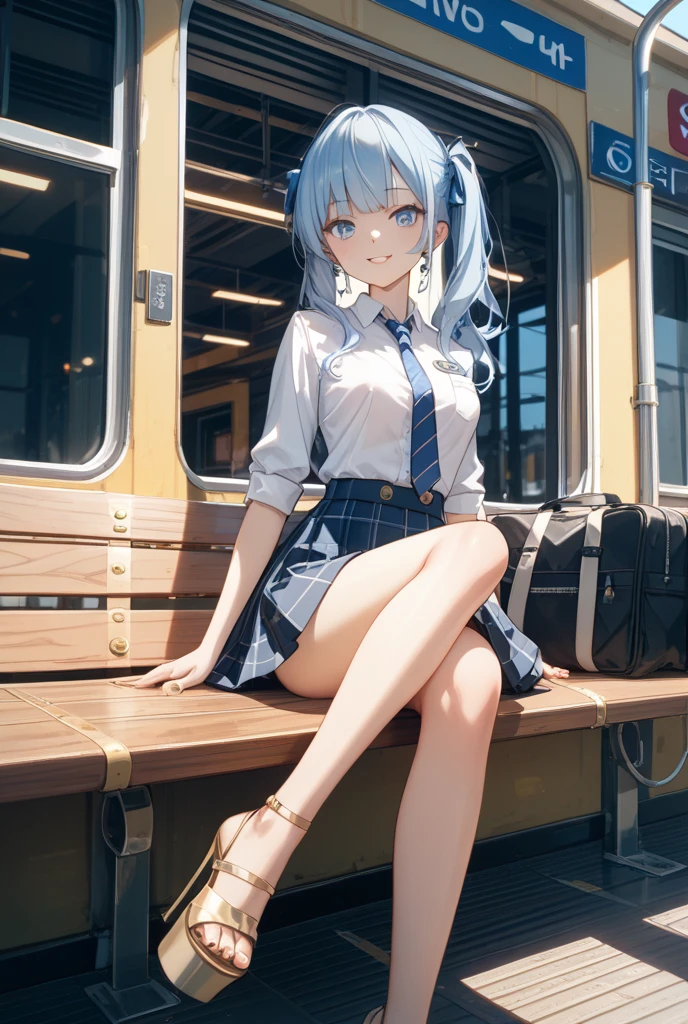 Silver Hair、Blue Eyes、Beautiful high school girl。uniform、Knee socks、