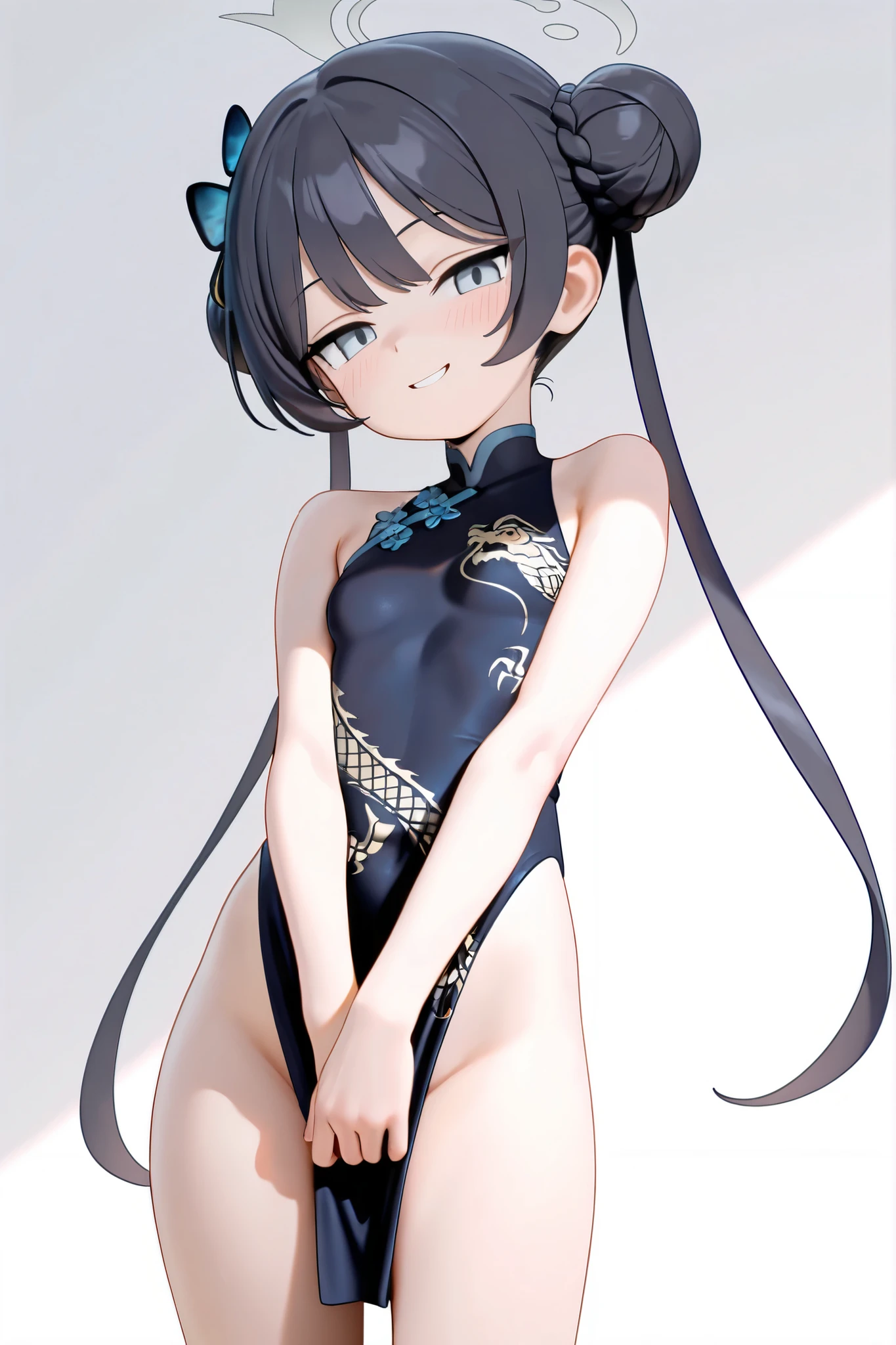 masterpiece, best quality,  china dress,butterfly_hair_ornament, kisaki, halo, medium breasts,