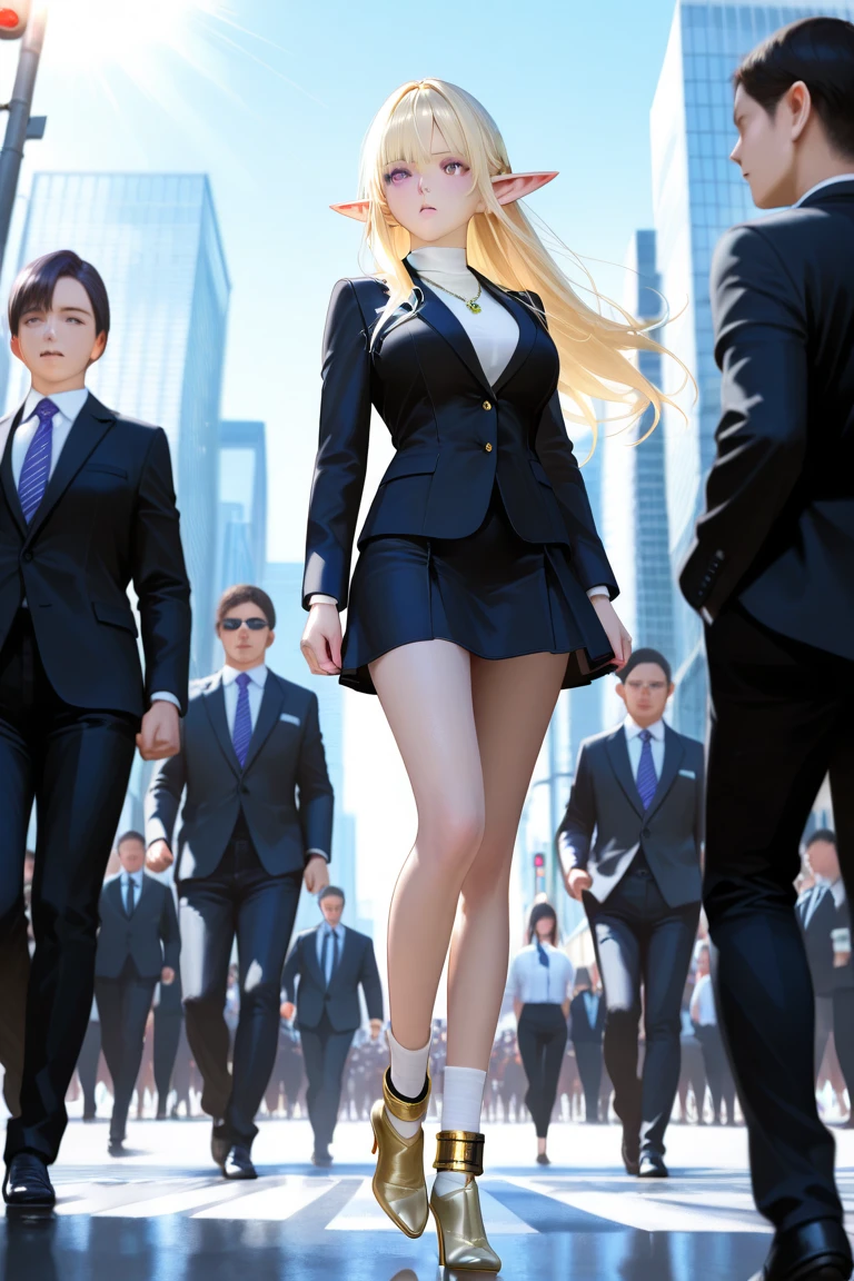 (best quality,4k,8k,highres,masterpiece:1.2),ultra-detailed,(realistic,photorealistic,photo-realistic:1.37),studio lighting,professional,portrait,beautiful detailed eyes,beautiful detailed lips,extremely detailed eyes and face,long eyelashes,Korean delicate facial features,glossy blonde hair,slender long legs,tall figure,fitting business suit,fashionable mini skirt,sophisticated cleavage,confident posture,gorgeous smile,natural and radiant makeup,professional photo street photo,photographer capturing her charm,subtle and elegant lighting,vivid colors with a hint of warmth