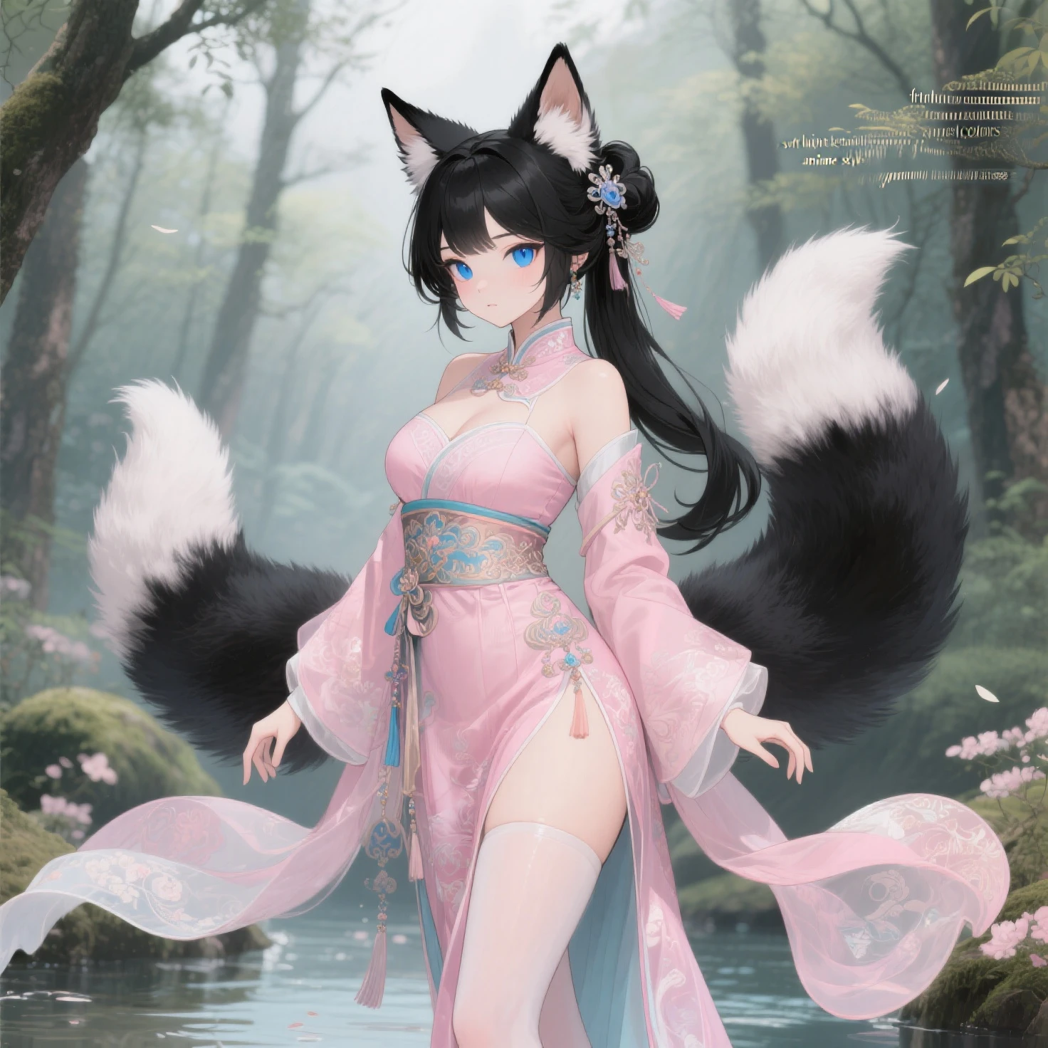 （（best qualtiy））， （（tmasterpiece））， （Ultimate detail），（ink and watercolor painting），（an Chinese ink painting style），（the night，Beautiful vixen，She has fox ears、fox tails，face to the viewer，haughty），ssmile，Side Body，rosy lips，（Delicate and delicate eyes，Delicate and delicate face），Charming，seductiv，Raised sexy，Beautiful body curves，Streamers，Translucent tulle，Hanfu，komono，Classical Chinese costumes，The bamboo leaves are blown up by the wind，bamboo forrest，Leave white space，Bare waist，Rounded breasts，short detailed hair，ear jewelry，hair adornments，choker necklace，Delicate and detailed background