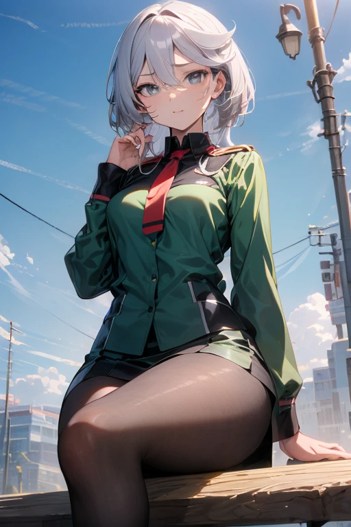 show off panties,{shaded face},{{{lace pantied}}}　,miorine rembran,long hair, {{{pleats skirt}}},defmiorine, green jacket, red necktie, green skirt, 
,Squat,looking down at viewer,Squatting,looking down at viewer,angry,{{scowl}},{{{disgust}}},disgust,scared,{{sad}},{shaded face},open mouth,((masutepiece,hight resolution)),((masutepiece,hight resolution)), masutepiece, Best Quality, , absurderes, Perfect Skin, Detailed skin texture, ultra-detailliert, 8K, Intricate details, beautifull detailed face,hight resolution, 1girl in ,Looking down,looking down at viewer,masutepiece, Best Quality, Insanely detailed, absurderes, Perfect Skin, Detailed skin texture, ultra-detailliert, 8K, Intricate details, beautifull detailed face,NSFW,NSFW,,low angle shot,Front view,,Uncensored,{shaded face},indoors,locker room