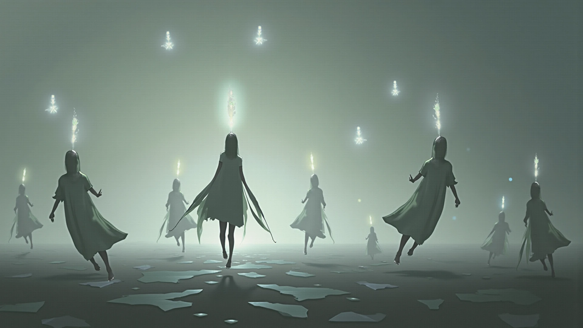 silhouette of a naked elf with long hair walking in a forest at night with a halo on her head,covering your private parts