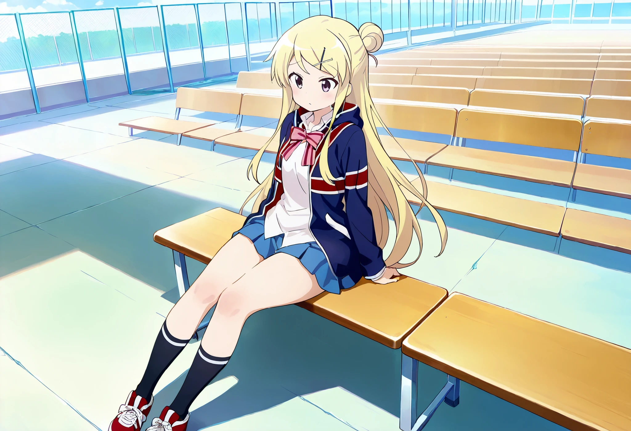 1girl,unwellness(autonomic nervous system disorder and depression) thick thighs Kujou Karen very long hair,blonde hair,single hair bun,hairclip,x hair ornament,sidelocks,side swept bangs,black eyes,white shirt,collared shirt,union jacket,pink bowtie,neck ribbon,pink ribbon,long sleeves,small breasts,miniskirt,blue skirt,black socks,red footwear, sitting alone on the school bleachers
koutei,scenery,outdoors