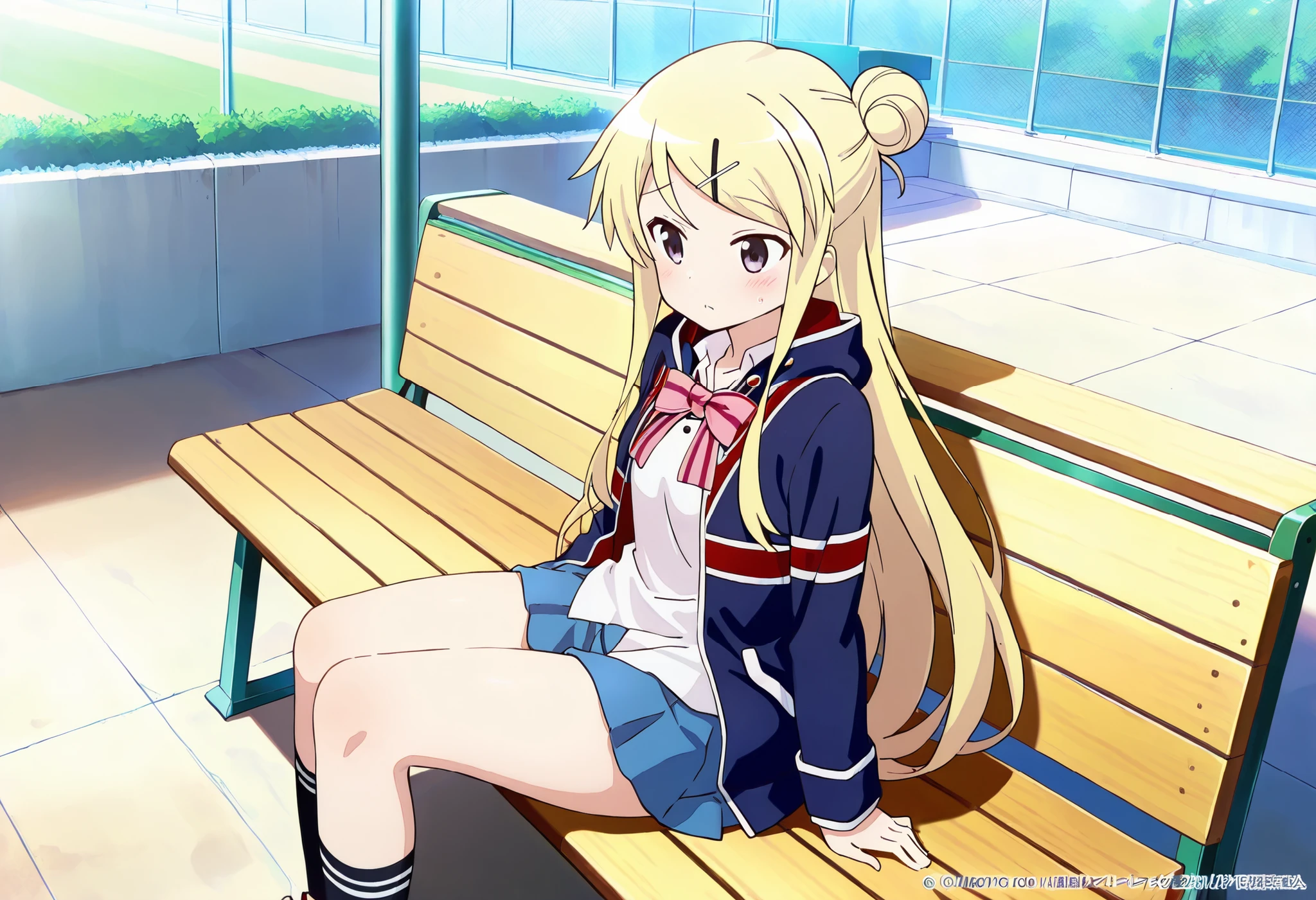 1girl,unwellness(autonomic nervous system disorder and depression) thick thighs Kujou Karen very long hair,blonde hair,single hair bun,hairclip,x hair ornament,sidelocks,side swept bangs,black eyes,white shirt,collared shirt,union jacket,pink bowtie,neck ribbon,pink ribbon,long sleeves,small breasts,miniskirt,blue skirt,black socks,red footwear,  sitting alone on the school bleachers
koutei,scenery,outdoors