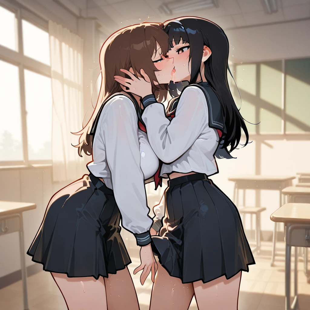 NSFW, photorealistic, top-quality, masterpiece, 4 Korean women , Korean female only, ABSOLUTELY NO MALE, absolutely no men, VERY crowded female only subway train interior detailed scenario, VERY crowded Korean female only subway train interior detailed background, standing insanely hot (woman 1) using sexy ((school uniform)), (((lifted skirt)), (thick thighs), (fear expression), blushed face, (woman 2) sexy young, blond hair, confused look, mature woman ass groping woman 1 from behind, woman 2 touches woman 1 vagina, young woman 2 caressing woman 1 legs, wet kiss, lesbian kiss,  (((mature woman pressing her chest on woman 1 back))) and (((holding her waist behind her)))