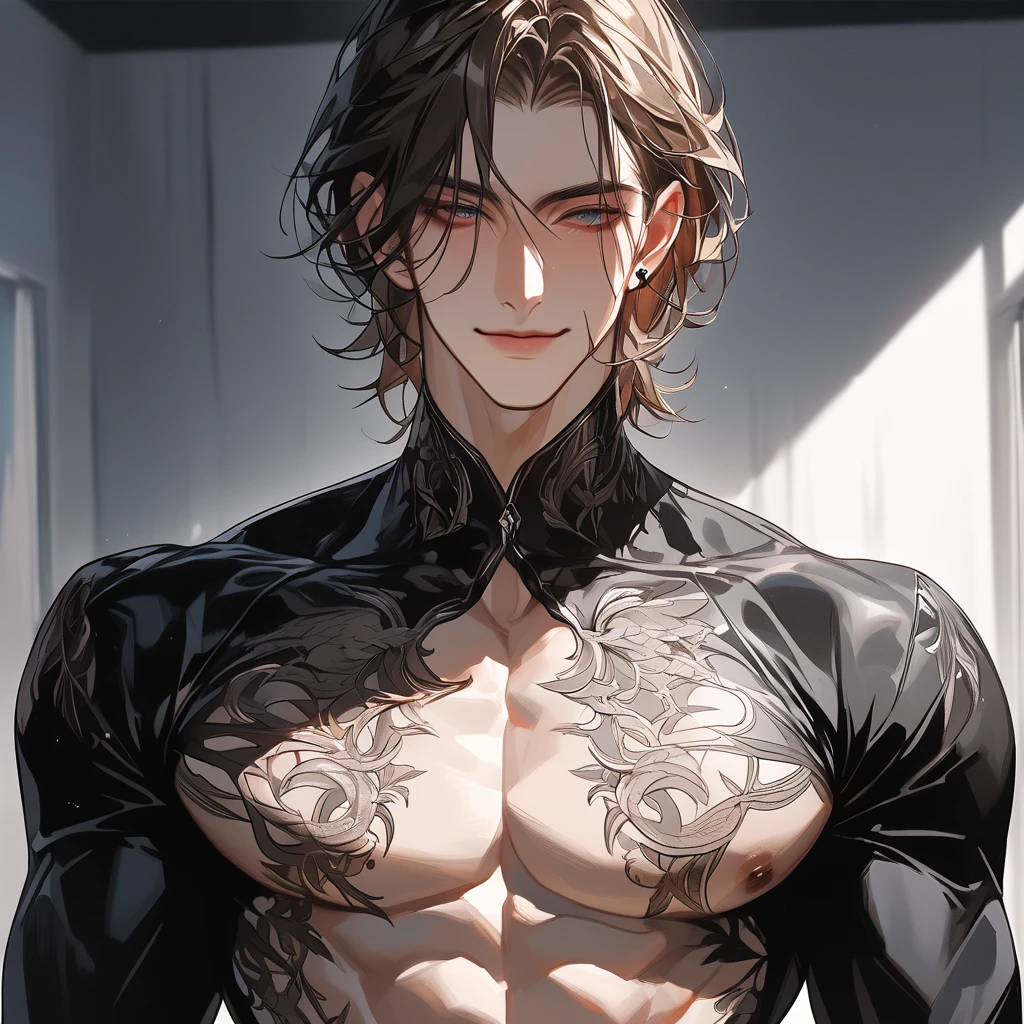 anime, male, muscular, tattoos, two devil horns protruding from hair, golden eyes, bangs, beautiful, handsome japanese demon, detailed digital anime art, short black hair in the undercut style, male anime character, inspired by tite kubo, mid 20s, masterpiece, light pencil strokes, broad shoulders, sharp black nails, black tank top and sweatpants, modern day clothing, pointed elf ears