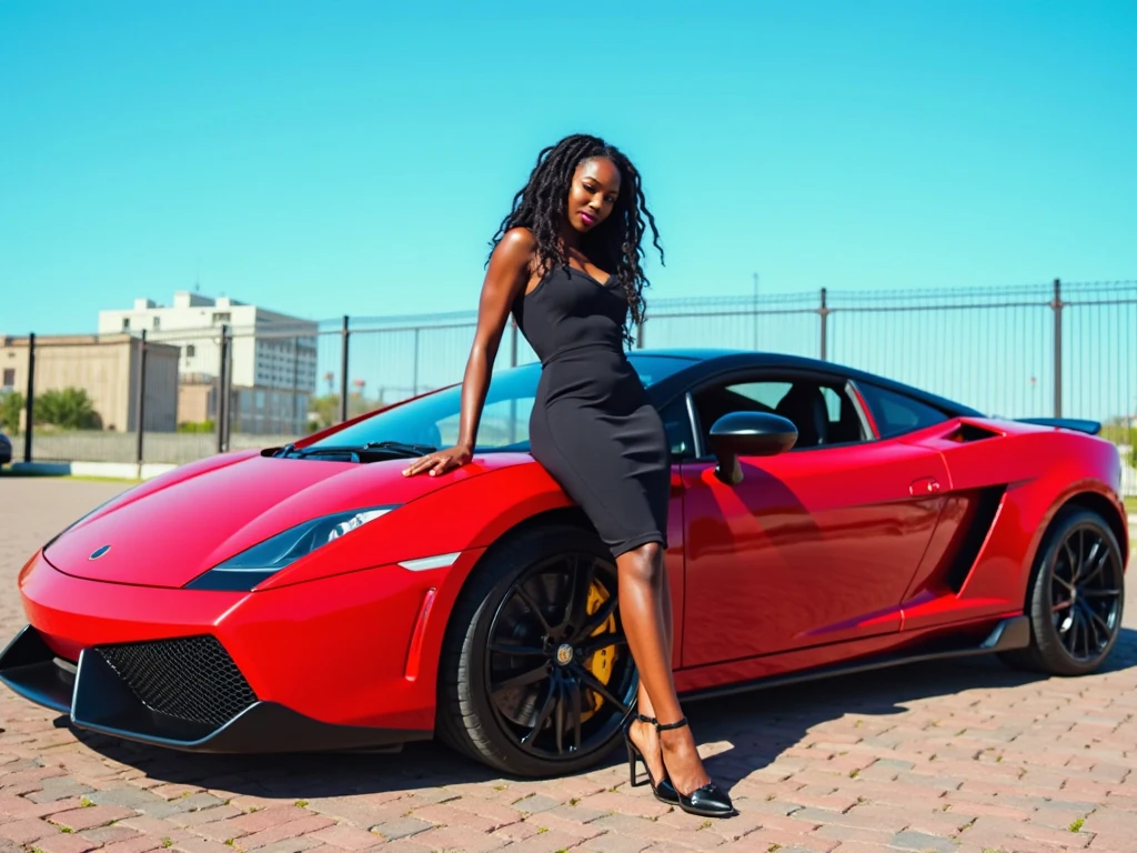 beautiful ebony african girl with dark black skin wearing a red jersey, black long hair, red ferrari behind, garage