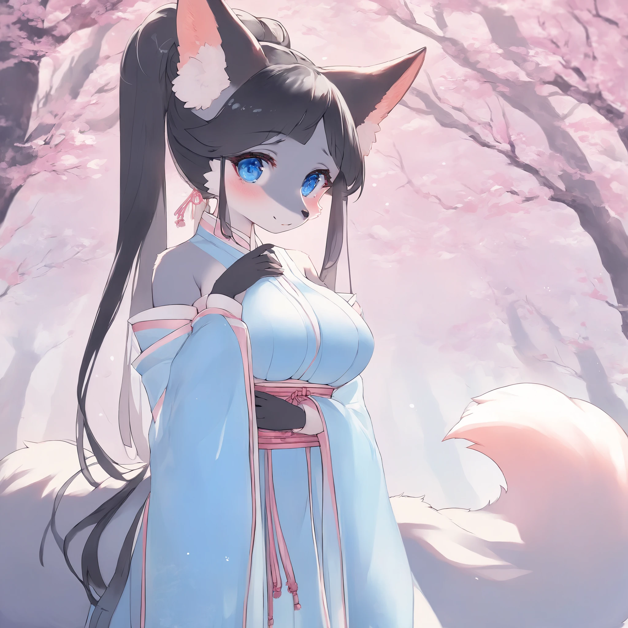 fox female black , kemono , furry , Chinese style , forest , black hair , ponytail , shy blue eyes , slim , big breasts , two fluffy tails , cute , long legs, pink Tang dynasty Hanfu, court lady dress , watertight eyes , "highly detailed, soft light, anime style, pastel colors" slim