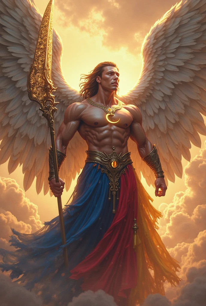 Create a full body angel, naughty man, masculine with androgynous features. Your posture should convey power, authority and splendor. Your hair should be long and blonde with a golden hue.. Your eyes should be white as a cloud. He must wear an orange toga with gold details.. Your skin should be white. Your features must be austere and harmonious. The blazing sun must be behind him in evidence like a halo over his head.. Zodiac symbols should appear in the image. Your artistic skills are crucial to bringing this majestic work of art to life.