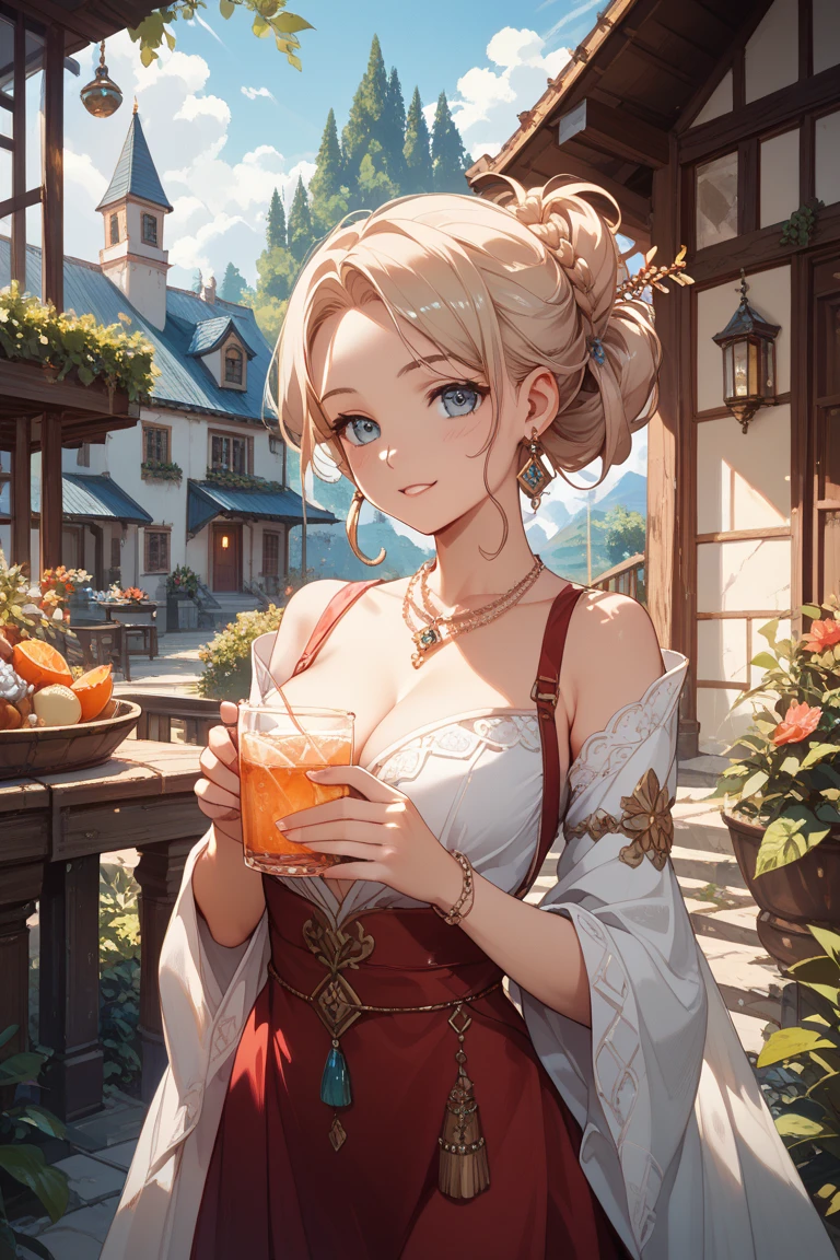 By Alan Paterson inspired girl Arlequina + Sarada delicada atrevida Elvgrin, and Jorge Jimenez. Portrait front view of a girl standing in a mystical marketplace, with yellow + silver hair in a flowing ponytail, in a dynamic pose, she is holding a glass of bubbling potion out to the viewer, in the background are busy vendors, and magical light and smoke from the various market stalls. trending on artstation, sharp focus, studio photo, intricate details, highly detailed,