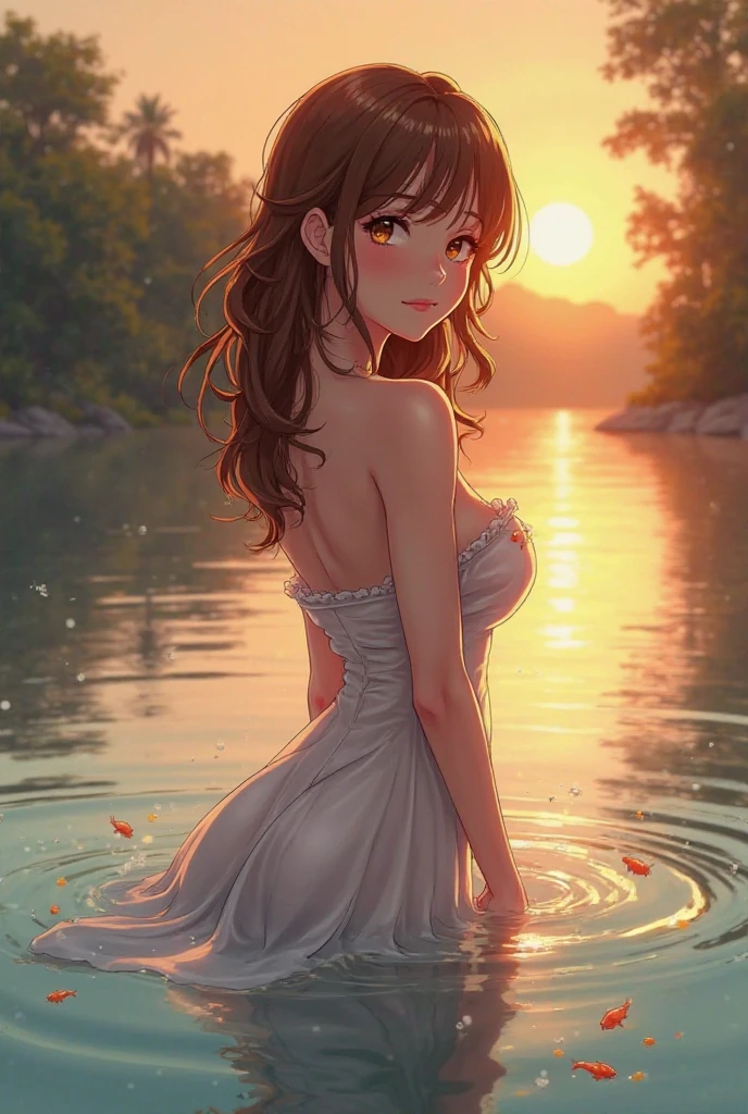 Exquisite (slim (skinny)) Girl (with a perfect, very beautiful gentle face and almond-shaped eyes) (with a southern skin tone and soft lips) (with red hair) (with freckles) (costs (waist-deep in water)) ((nude)) (with tender (small beautiful breasts)) ((with soft pink nipples)) (barefoot) In the middle of a big river ((((in a pale green open shirt)) on the naked body)); ((Sunset Evening Amber Light)), (((backlighting, backlight, against the light of the setting sun, silhouette))), ((caramel soft warm shades)); (Warm summer late evening), ((Warm sunset light)); draw ((in watercolor style)); ((very beautiful exquisite face)); (High image quality, High detail), ((discreet faded shades, pale expressionless colors, imitation of film photography, diffused soft light)); ((big alien eyes), skinny); ((delicate shades)), (sfumato)