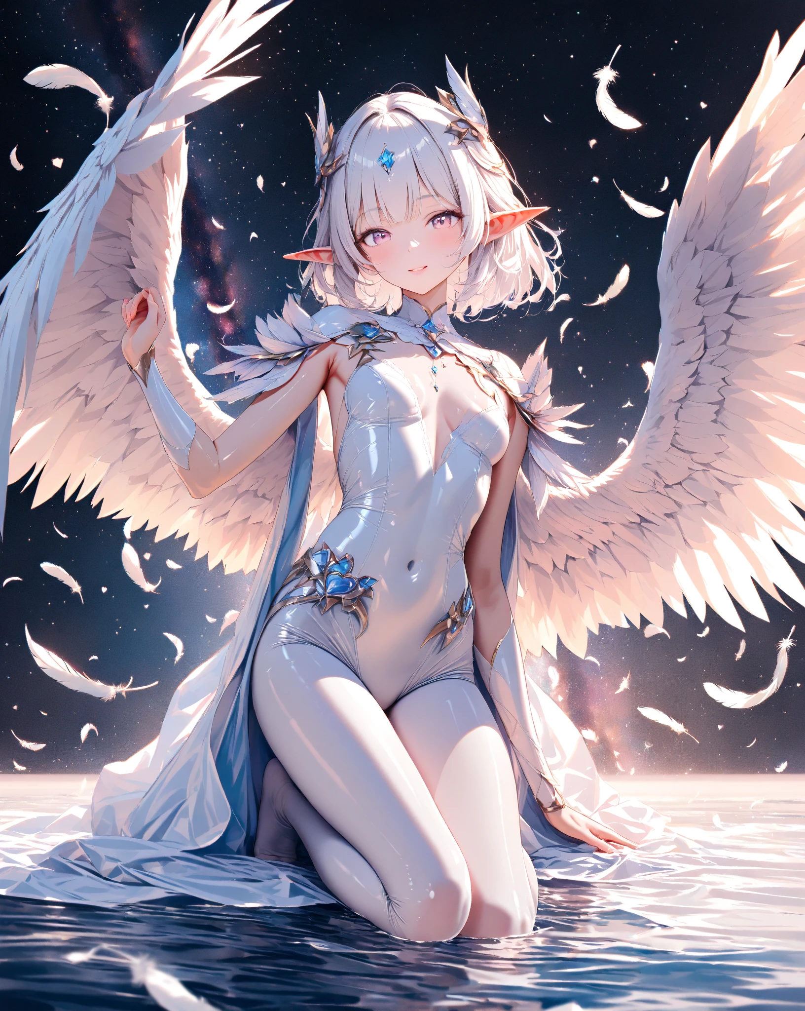 girl in,Delighted,a small face,full body Esbian,Dark eyes,((Floating in the air)),Luminous,((Blue sky)),(((fullnude))),((Feathers fluttering)),((large white wings)),((Innocence)),((Unclear)),silver hair,short hair