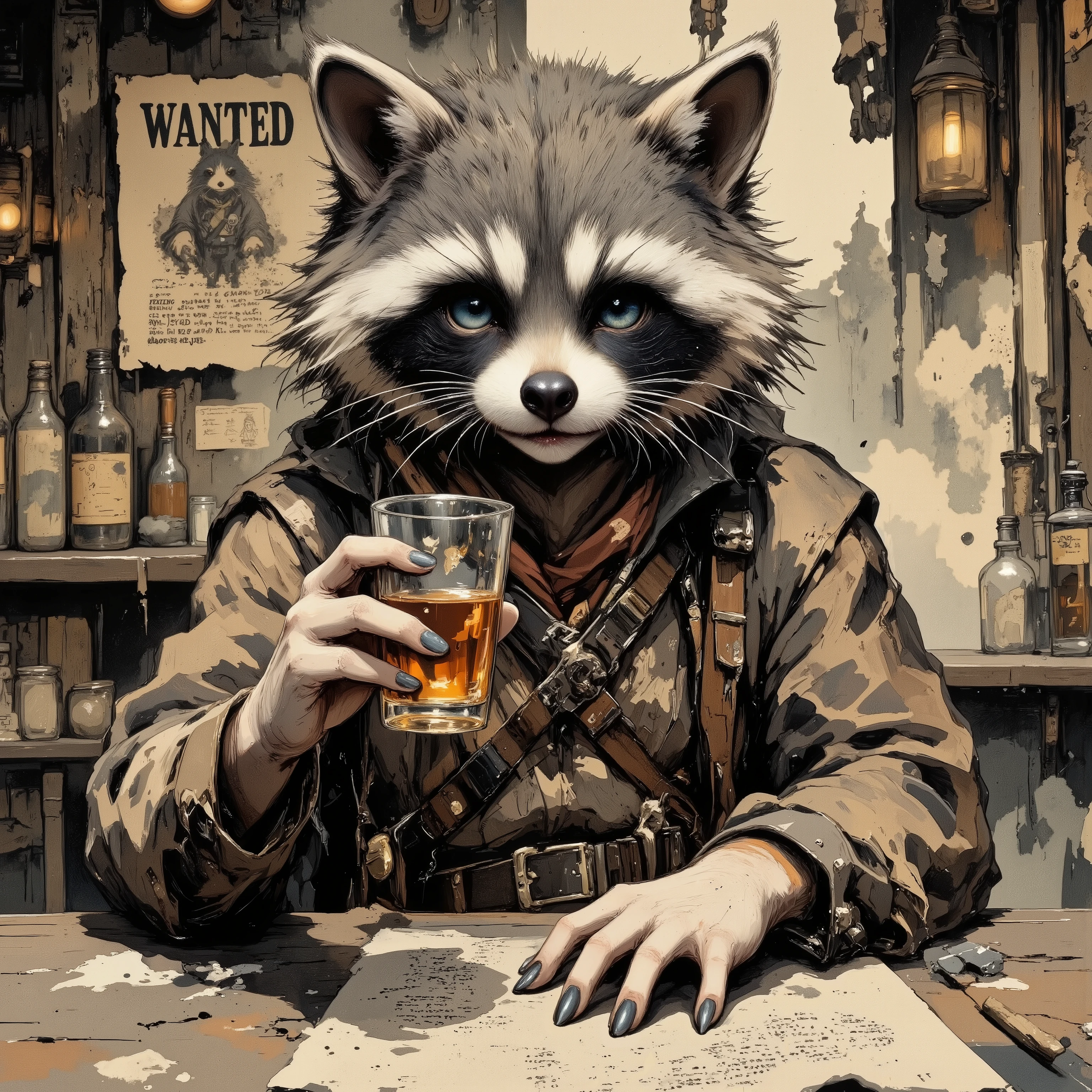 (masterpiece, best quality:1.2), 1animal, solo,(raccoon ,no hat,Western Gunman,vintage,drinking a glass of alcohol ),ink wash painting, (Wanted letter in the western bar), My cat buddy on the table