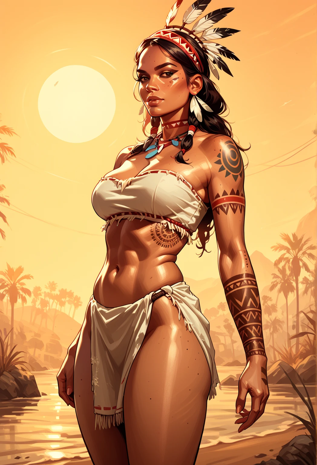 (masterpiece), best quality, expressive eyes, perfect face, Nico Robin in the jungle, (deep jungle ruins background), (posing), (seductive expression), (back view), (1girl, Nico Robin face, ebony, latina, dark skin, tanned skin, tan, black hair, short straight hairstyle with bangs, straight bangs, brown eyes, hourglass figure, thick body, curvy body, large breasts, huge breasts, oppai, large cleavage, wide hips, thick thighs, tribal body tattoos, (ripped clothes, tight fits, beige front knot tribal bandeau with beads, decorative beads on outfit, strapless, sleevless, croptop, exposed underboob, exposed cleavage, breast burst out of clothes, large cleavage, beige tribal loincloth miniskirt with beads, tribal headband, tribal jewelry, tribal armlets, tribal earings, tribal necklace, tribal bracelets, tribal body tattoos), 