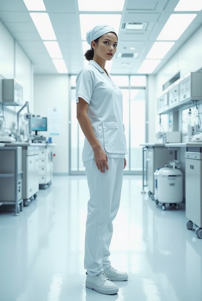 In 2d a lady with an apron, disposable cap, White uniform, gloves, face mask, Boots, of food industry without hair