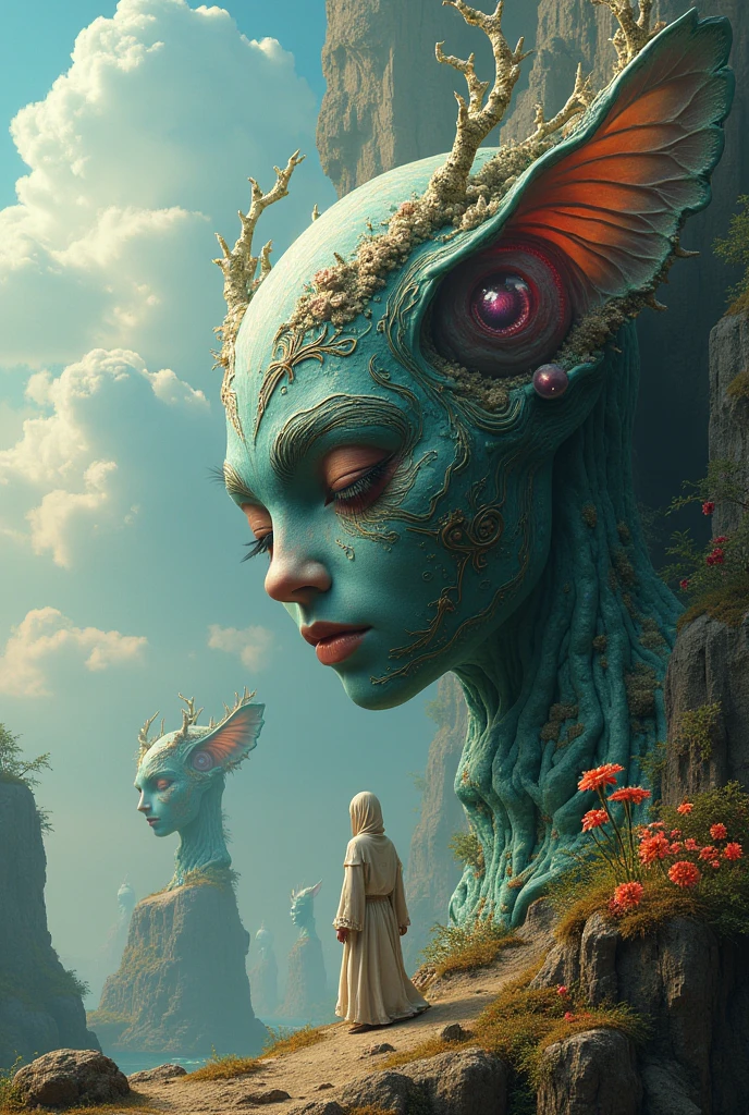(masterpiece, hi resolution, hd wallpaper, extra resolution, best quality, intricate details:1.3), a head flying in the sky and turning into octopus with squids instead of hair, pretty face, big eyes with elegant eyelashes, surrealistic landscape with a grassy area and a lake on the foreground and trees and mountain on the background, abstract shapes and dead black tree growing on the head while head flying in the sky, liquid flash, balls, artwork by AIDA_NH_humans, surrealistic portrait in style of AIDA_NH_humans 