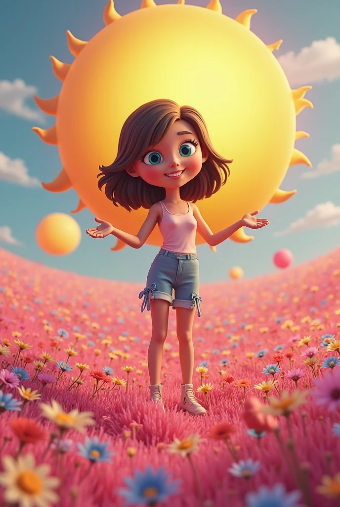 short brown hair 10 year old Girl in a purple crop top Shirt and purple leggings and white high cut shoes Floating in space playing Puzzle