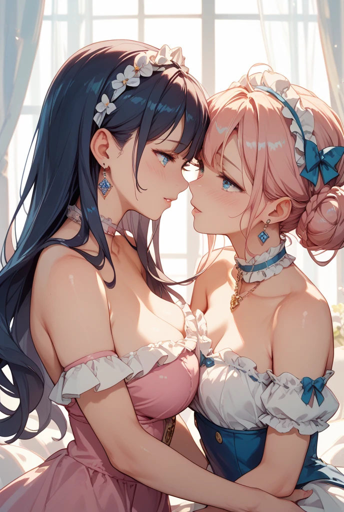 Hair tied on both sides with ribbons、pretty girl。 She was wearing a frilly pink dress.、Her cleavage is visible and her breasts are small enough to fit in one hand.。
Body in a state of readiness、The face is looking forward。