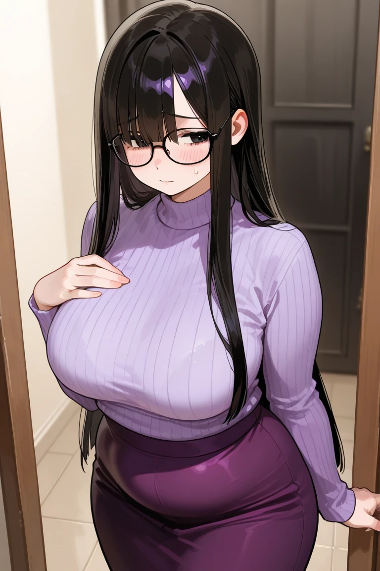 ((Masterpiece)), perfect anatomy, perfect shading, field of depth, (best quality), extremely delicate and beautiful, perfect lighting, detailed face, ultra cute face, cute, ((1girl)), ((solo))
long fluffy black hair, glasses, green eyes, ((blush)), nervous, spoken heart, looking at viewer, sweater, short skirt, large breasts, ((thick thighs)), (wide hips), ((plump)),
intricate background, detailed background, fast food restaurant,