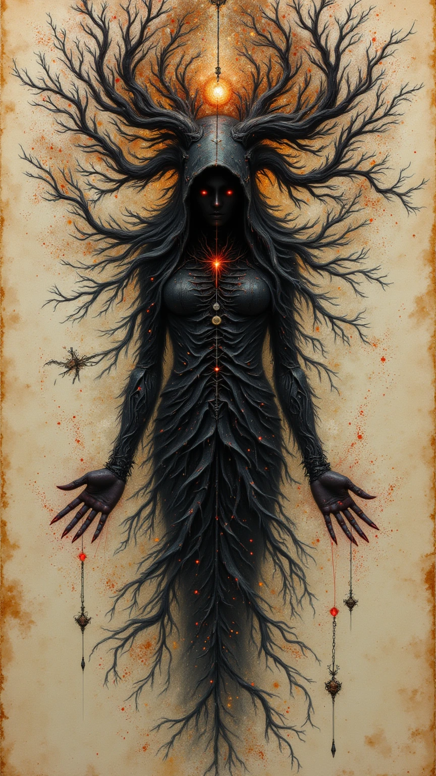 Anatomical illustration,A girl,Solo,(Psychedelic art,Airbrush drawing,Art Nouveau),(abstracted:1.2)girl body made up of (Resin art:1.25),turining into a flowing liquid resin full body,girl body(girl face+skull body+tentacle+covered Snake scale+blood tears+blood sea+branch crown+full moon:0.85),windy,Smoke,steam,the highly detail metal relief gate of hell Installation Art behind the girl,