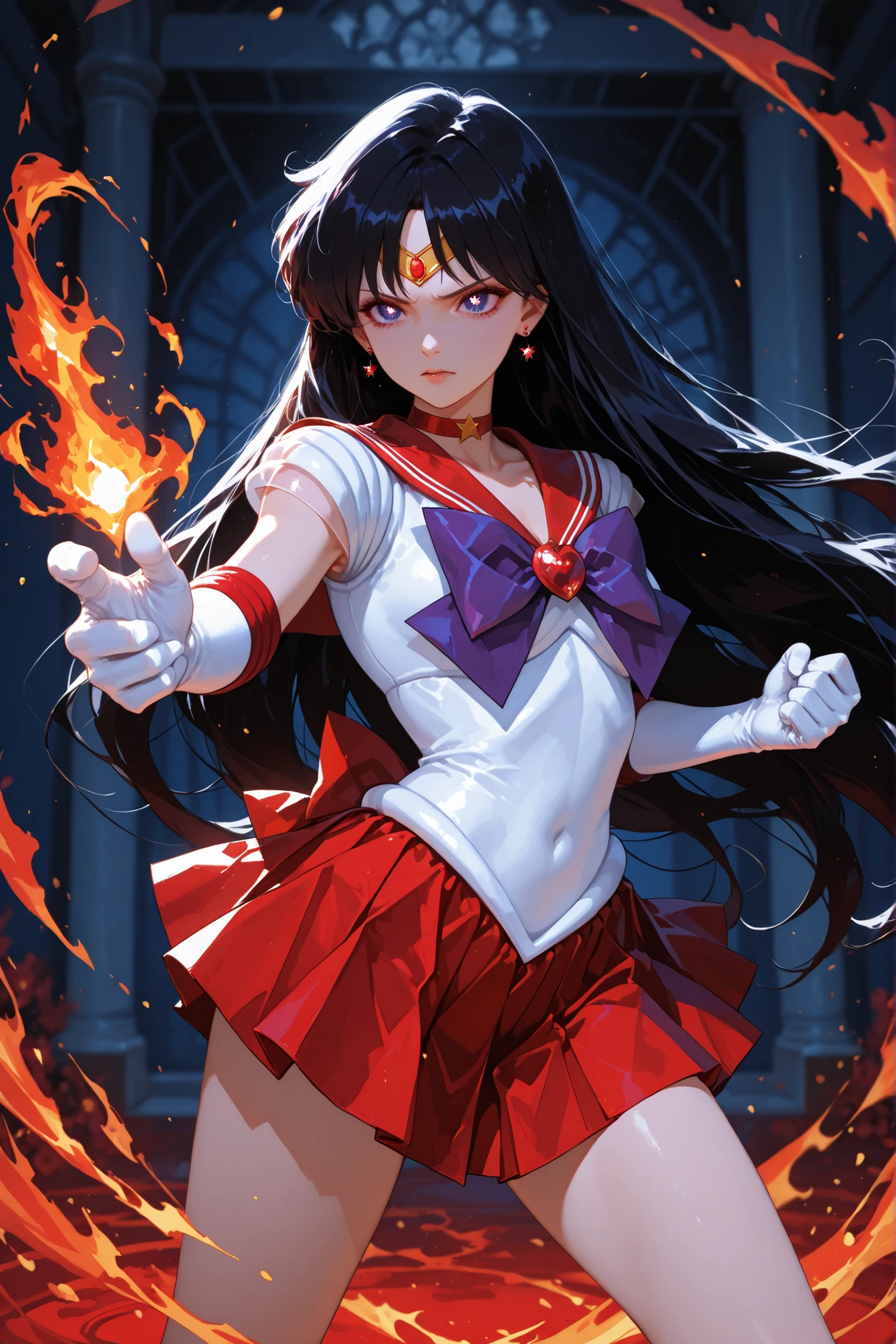 masterpiece, best quality, 1girl, <lora:sailor_mars_v1:0.8>, sama1, (tiara), star choker, elbow cyber gloves, (pleated skirt:1.1), bare legs, purple bow, red cyber suit, futurist, neon, heroic pose, mars background, black long hair, looking at viewer (dynamic pose), smiling, flying, hand with fire, <lora:r1ge - AnimeRage:0.5>, (glowing eyes:1.18)
