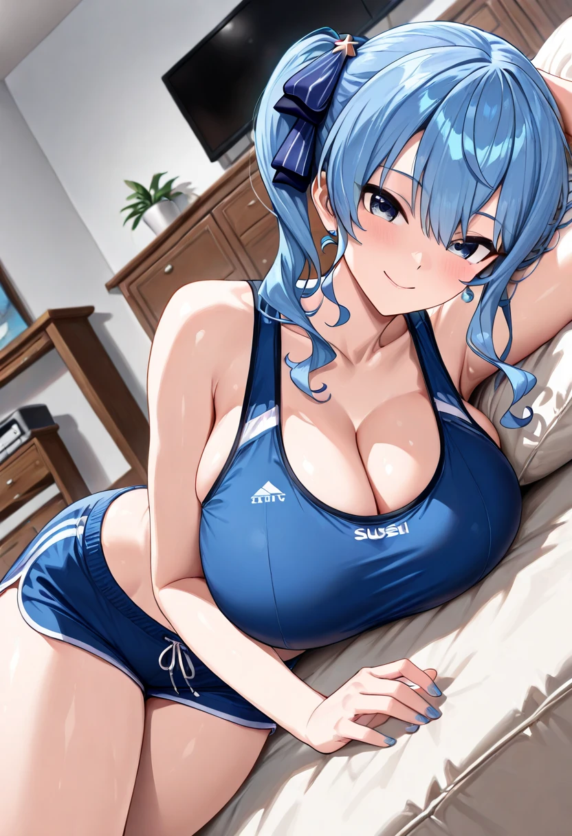 (masutepiece,the Extremely Detailed CG Unity 8K Wallpapers:1.5),(beutiful breast,Farbe_aberration,beautiful detailed shadow,Beautiful eyes,Beautiful body,Beautiful skin,beautifull hands:1.5),(Vivid colors,Realistic, hyper realisitic:1.5),(Curve,glamor,Seductive smile:1.5),(Shiny hair,silber hair,blue eyess:1.5),(in a house,Bedrooms:1.5),delicate patterns,intricate detailes,red blush,shinny skin,Seductive Anime Girl, [ 4 k digital art ]!!, beautiful alluring anime woman, painted in anime painter studio, Smooth Anime CG Art, made with anime painter studio, realistic anime 3 d style,Unparalleled beauty, Lustrous and firm skin, Silver hair, Beautiful and nice girl,kindly smile,Short hair,french braid hair,Sportsbra,hot pans