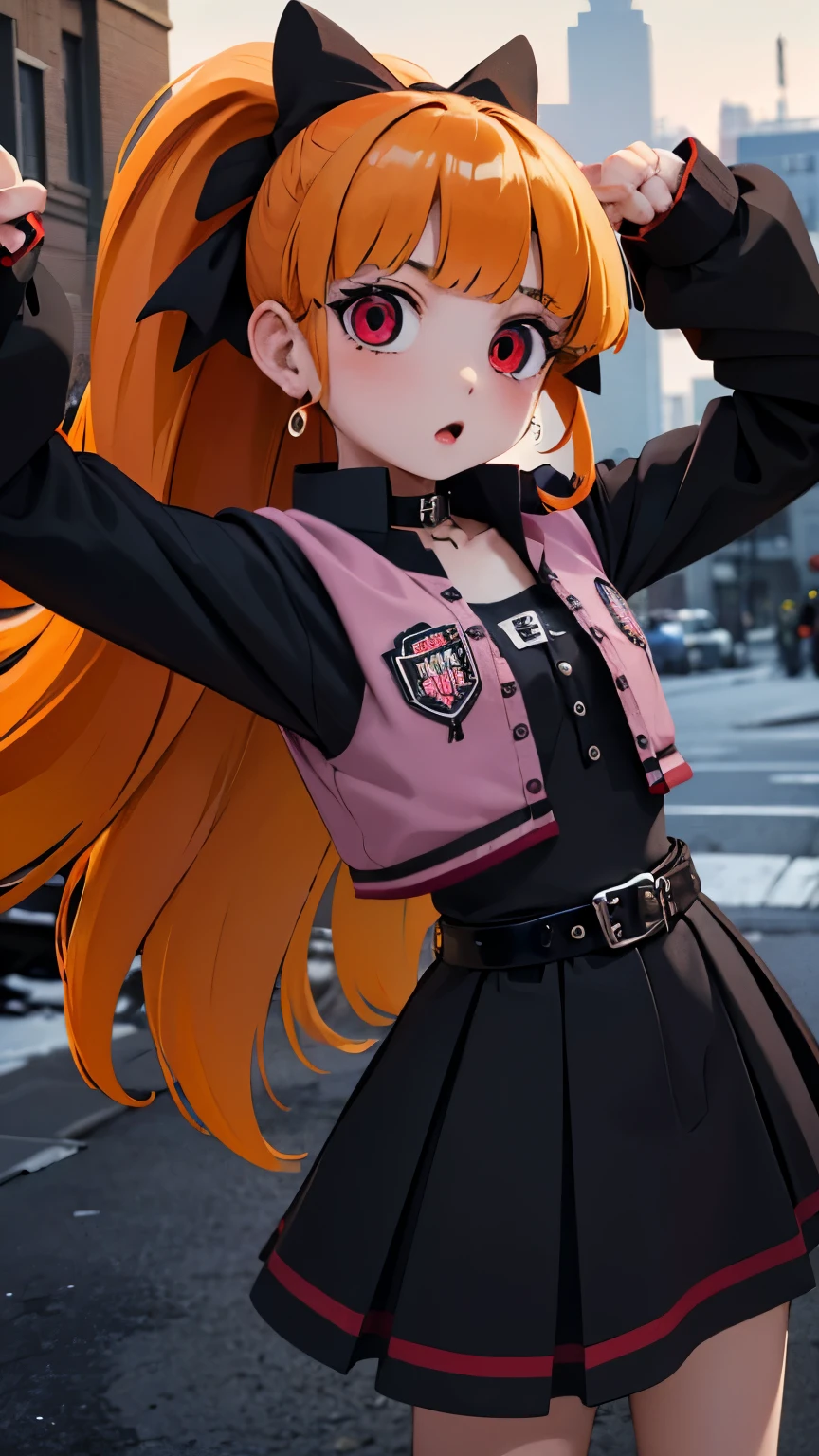 Girl with red orange hair black bow gothic details High resolution, multiple scenarios battle pose, power pose, arrogant pose, ojos rojos, masterpiece, damaged clothing battlefield, random background, Add rain, seeing, meteorites , post-apocalyptic landscape red eyes detailed tall details, retina, flashes and rays of red blue and green light