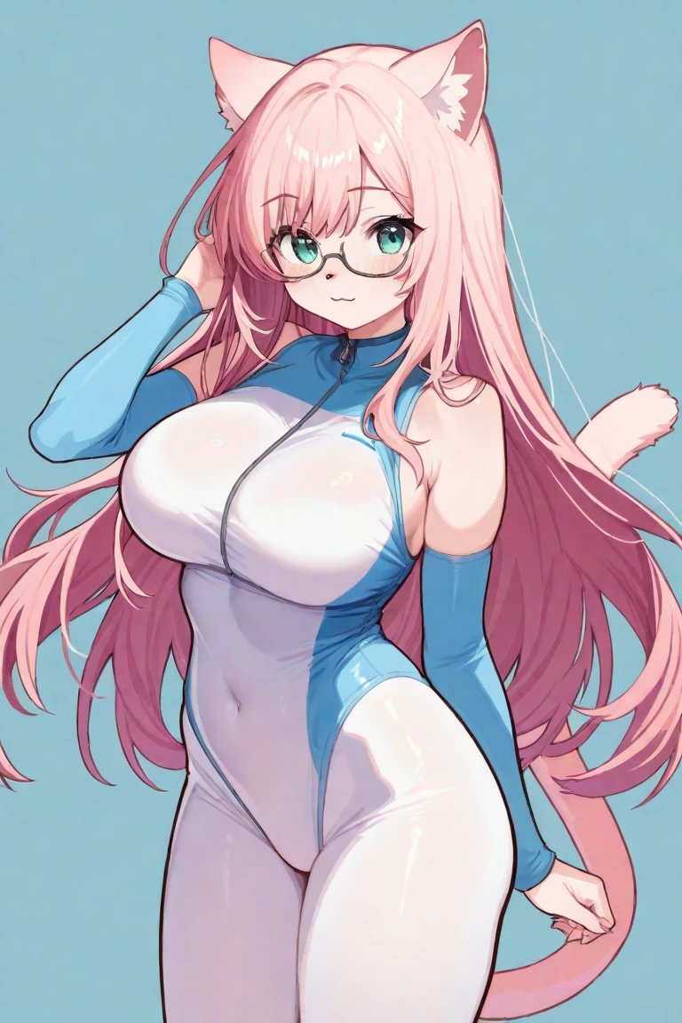 highest quality, High resolution,Anime Screen Capture, SF、three women、realistic, masterpiece, highest quality, perfect anatomy, (fine eyes), (nurse, huge breasts、Chubby), Sweat, city,、((White Pink Sci-Fi Suit、Mechanical white backpack、white gloves、White pink knee socks))、 green eyes、hand on chest、short hair、brown hair ,braid pigtails、 ((blush))、(wide hips)、smile、 closed one eye、((((embarrassing))))、((Red Rim Glasses))、Are standing