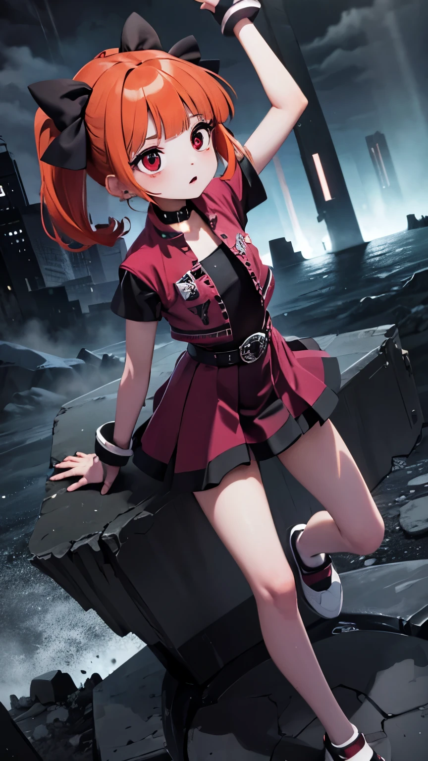 Girl with red orange hair black bow gothic details High resolution, multiple scenarios battle pose, power pose, arrogant pose, ojos rojos, masterpiece, damaged clothing battlefield, random background, Add rain, seeing, meteorites , post-apocalyptic landscape red eyes detailed tall details, retina, flashes and rays of red blue and green light