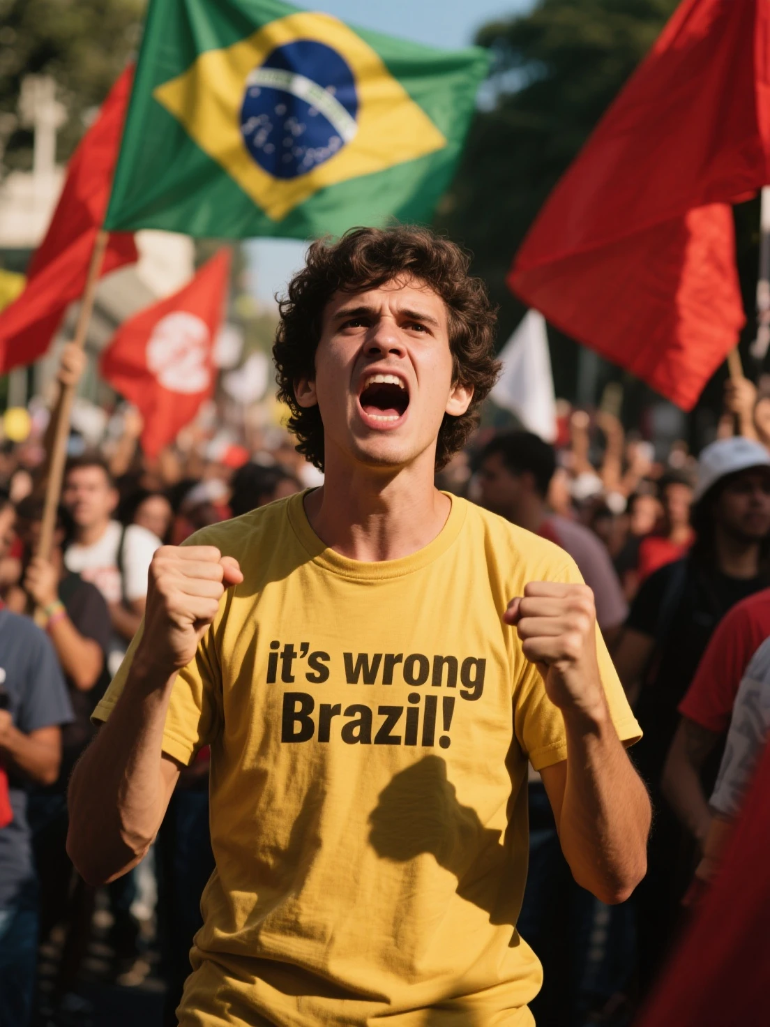 Protestant with a poster, Written "freedom" The language of the poster text must be in Brazilian Portuguese