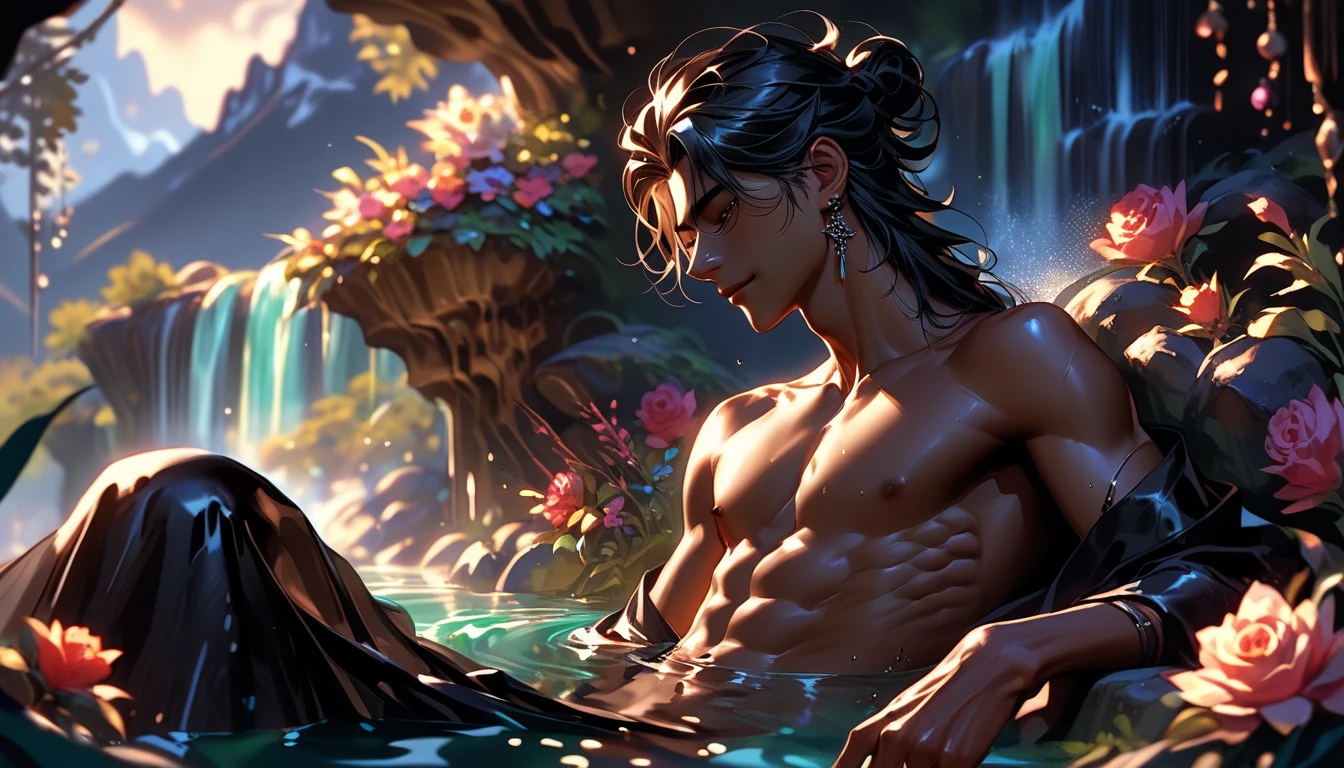 absurdres, highres, ultra detailed, HDR, master piece, best quality, extremely detailed face, delicated features, Xue Yu, untamed spiky hair, black hair, long hair, hair between the eyes, expressive red eyes, Thousand Years War, solo, sexy man bathing, handsome, toned chest, touching his hair, water, fantasy, magic, envy magical, forest, blue dust, blue lanterns, blue floating round lights