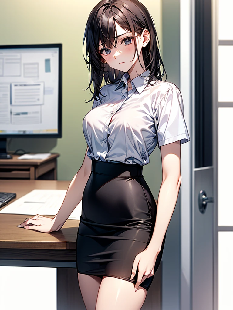 ((highres)), (Masterpiece), superior quality, high quality, best quality, beautiful, perfect lighting, detailed face, ultra cute face, cute, ((1girl)), ((solo)), medium fluffy black hair, ponytail, green eyes, (blush), outgoing, smiling, modern office, detailed background, standing in front of viewer, medium breasts, perky breasts, (wide hips), (thick thighs), office lady, button white shirt, tucked in shirt, belt, black skirt, pencil skirt, extremally tight skirt, looking at viewer, holding coffee, on hand on hip, standing in center,