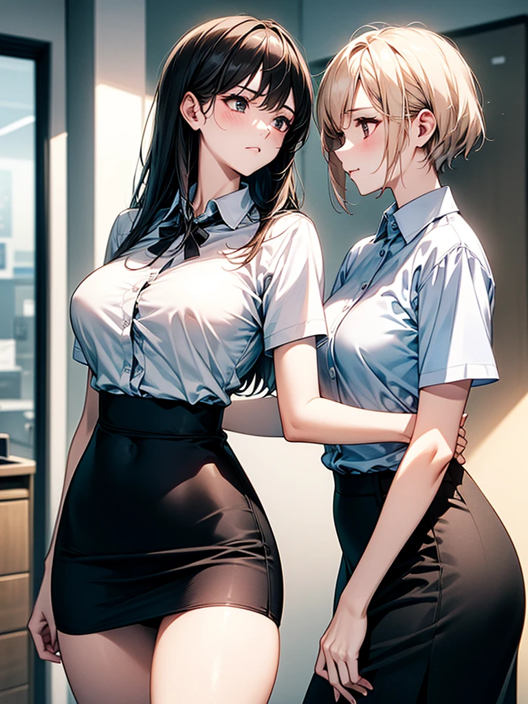(bank teller, bow, short sleeves, black pantyhose, white shirt, pencil skirt, vest:1.2), Beauty、20-year-old、masterpiece、highest quality、(8k, highres), (embarrassed:1.1), blush, (shirt front open, show off bra:1.1), (hugging one’s breast), pussy juice