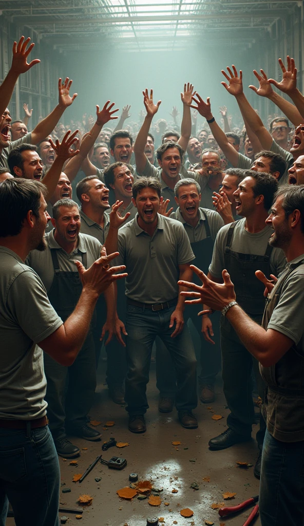 4 white men chained together at the waist running, 3 men behind in gray clothes, 1 man in front, well highlighted in opaque orange clothing, detailded, in front of everyone, men smiling, all with shirts, a little torn, in hell, Red setting,