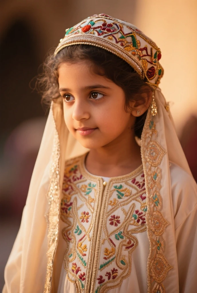Beautiful girl, 10 years old, with curly hair, looking concentrated, facing the camera with her sweet and affectionate way, high resolution 8k realistic photo, cinematic background of an Arab temple (masterpiece, top quality, best quality, official art, beautiful and aesthetic:1.2), (1girl:1.3), extreme detailed,colorful,highest detailed,(watercolour painting:1.3), optical mixing, playful patterns, lively texture, rich colors, unique visual effect