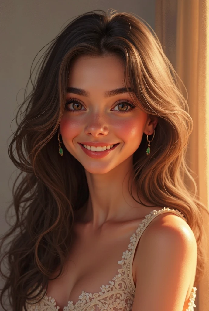 Smiling teen girl with wavy hair full body bathing