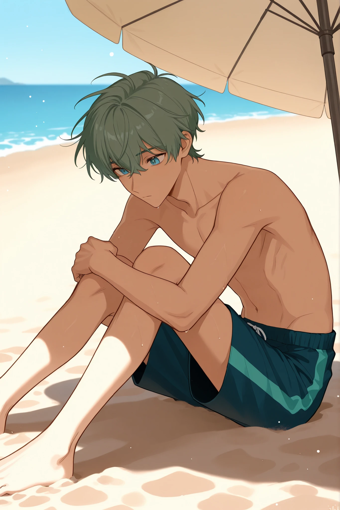 Beach theme, 1 male, blue ocean eyes, unsaturated grey-ish green hair, wearing swim shorts, sitting on sand, umbrella as shade, close up on the character