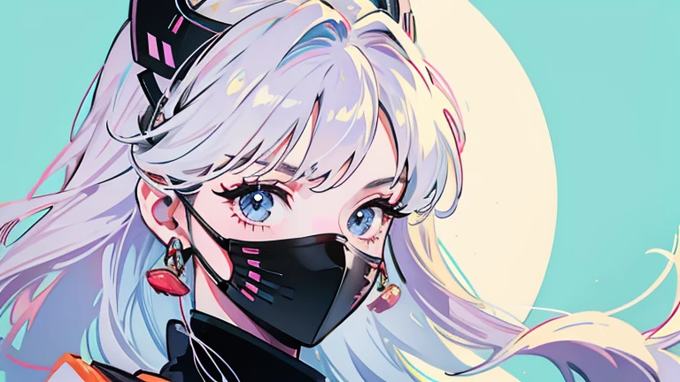 ciberpunk, Anime drawing, anime art, Thick lines, whitebackground, Girl, close up, s face, big eyes, Kitsune Mask