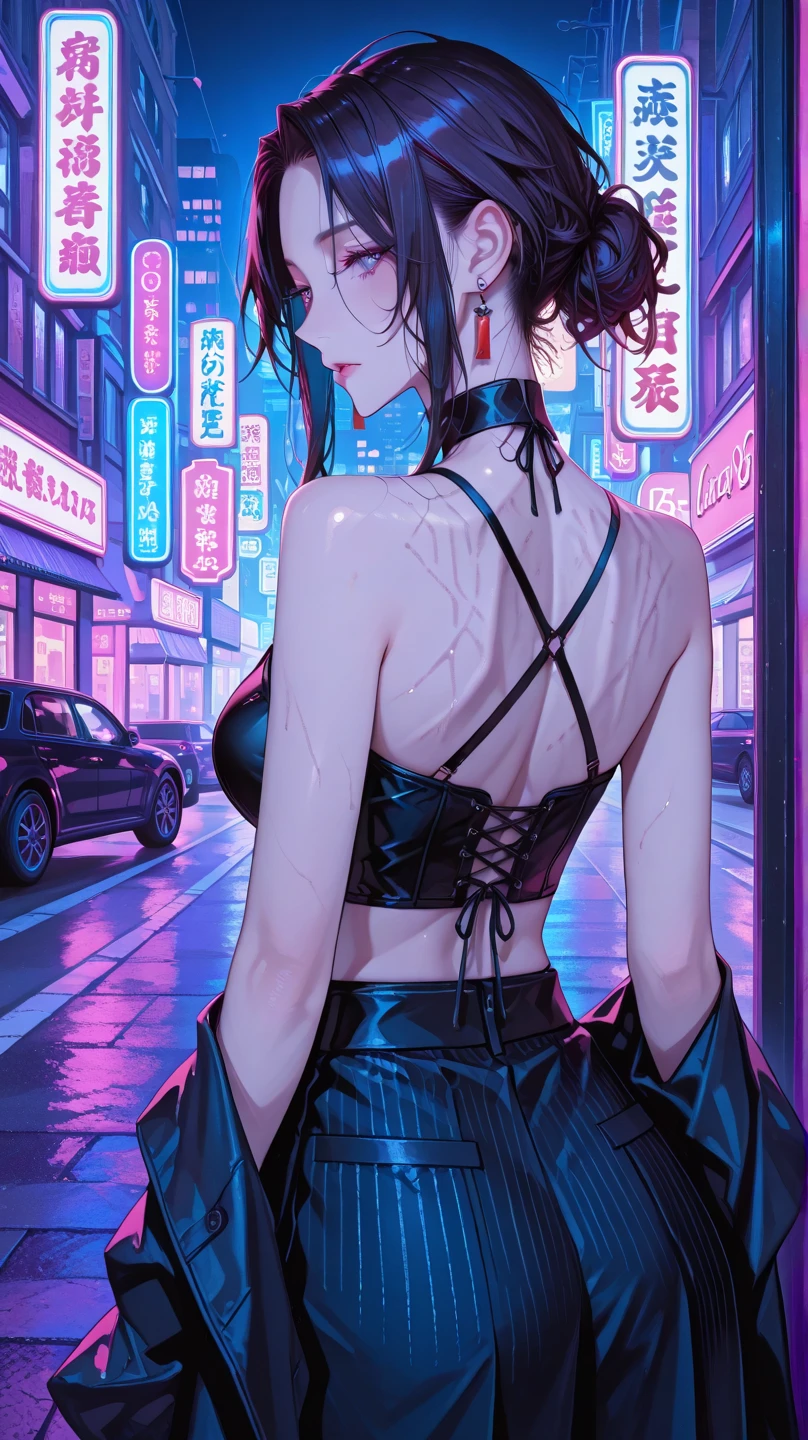 An anime woman with black hair and red eyes