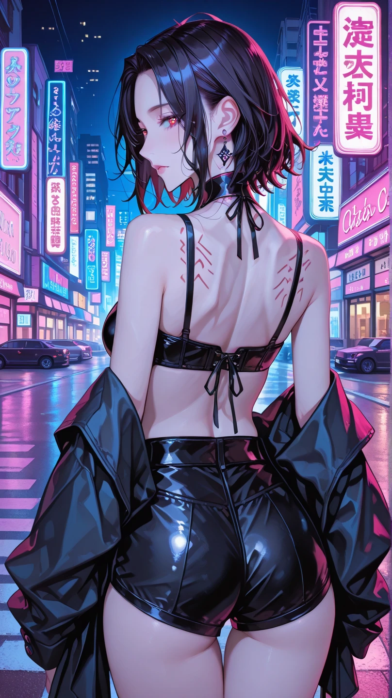 A beautiful woman in gyaru makeup wearing  on the bustling streets of Gintama, surrounded by vendors, beautiful portrait of a stunning goddess girl, beautiful detailed face, porcelain skin, half body shot, centered,(black hai,navel:1.2),((moonlight,night,big neons,strong neon lighting,rim lighting,two tone lighting))),