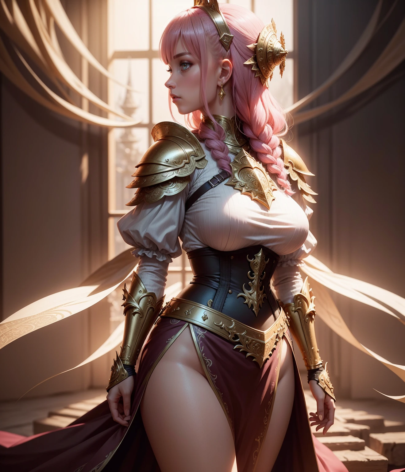 There is lost coliseum there stand female lionessin battle stance, she have ebony colour skin beautiful yellow cat eyes dark gold eyeshadows make up, ring style earrings, her hair is purple with pink highlights . she dressed in white neather topic with golden parts on countures also short and white leather straps on her cat legs instead of boots, her hands have hude ruby claws on her fingers, (ultra high quality fantasy art, anime fantasy style, masterpiece, ultra high quality character design, 8k quality anime art, realistic anime art, top quality wallpaper illustration, detailed ultra high quality accurate face, high quality design and accurate physic)