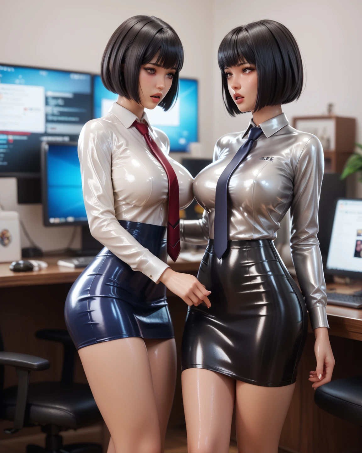 best resolution, 2 heads, two faces on one head, one neck,mother and daughter become conjoined, different heads, long hair, short hair, blonde, eyeliner, 25 years old, cute, flirting, Sleeveless turtleneck dress, standing in office, ceo office, teasing you,