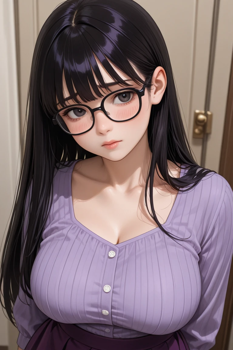 High resolution、neat girl、Glasses、big breasts、long black hair、center hair、brown off shoulder knit、background city date