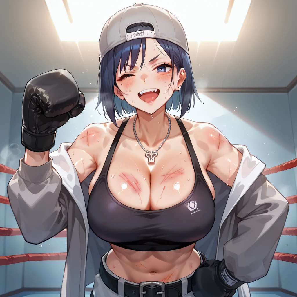 naked。Two female idol kickboxers competing against each other。Intense fistfights。Dynamic Action。Muscular body。Six Pack Abs。Short black hair。shortness of breath。Drooling from the mouth。One eye closed。Exhausted。Drenched in sweat。Erect nipples。Open Finger Gloves。Bikini Panties。
