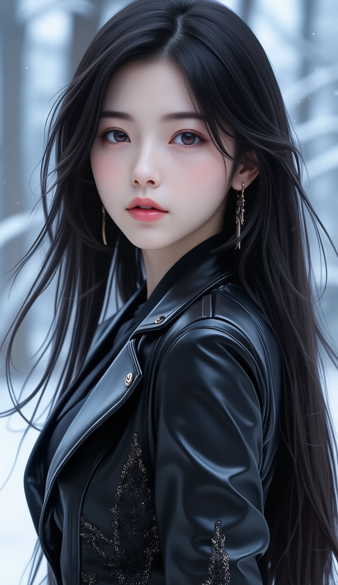 1 beautiful young girl, Super beautiful detailed face、 Symmetrical black eyes),  hime cut hair, (Fine face:1.2), High quality, Realistic, Highly detailed CG unified 8K dendenden wallpaper, Highly detailed, High-definition raw color photos, Professional Photography, Realistic portrait, Cinematic Light, Beautiful detailed, Super Detail, high details,  depth of fields, semi long hair、(thighs thighs thighs thighs、beauty legs)、Bare legs、 Super beautiful detailed face, (KPOP Idol Face),(Best Quality, 4K, 8K, hight resolution, masutepiece:1.2), Ultra-detailed, (Realistic, Photorealistic, Photorealsitic:1.37), (Beautiful detailed eyes, Beautiful detailed lips, extremely detailed eye and face),   (Big Tits, ultra gigantic tits,  Glamorous body), ((Black leather clothing、Black leather long coat)),(Long black straight hair, Shiny hair, Shiny skin), (Holding a weapon in your hands)、((Sharp eyes))、(midnight cyberpunk city)、(pointing weapon at the viewer)、(Midnight City)、Midnight City、leather thimble gloves、Dark、(Holding a sword)