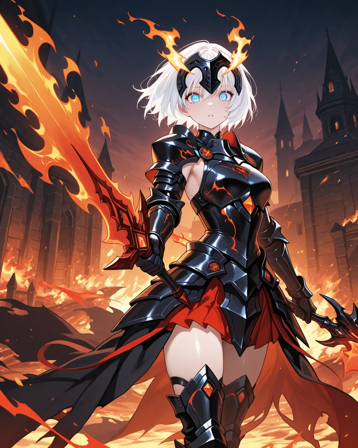 fantasy, 1girl,young_teen, ,silver_hair, short_hair, long_bangs, bare_shoulder,thighhighs,silver_armor, waist_armor, large_breasts,half_eyes,floating, bare_crotch, headgear,gauntlet, greaves,city_background,slightly_spread_legs, solo, groin_naked,hair_over_one_eye,Starry_sky_landscape,moonlight_background,