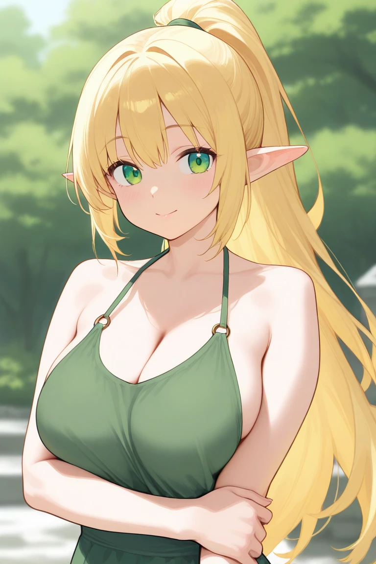 ((High resolution)) (Detailed) (masterpiece) beautiful elf woman, with huge round breasts, long blonde hair, with left bangs, blue eyes, wearing black bikini top, small jeans shorts, with nice cleavage, indoors, soft lighting, plants in background, window with sunlight, cozy room, relaxed pose, intricate details, warm colors, smiling, hands down, shy smile, outdoor, summer